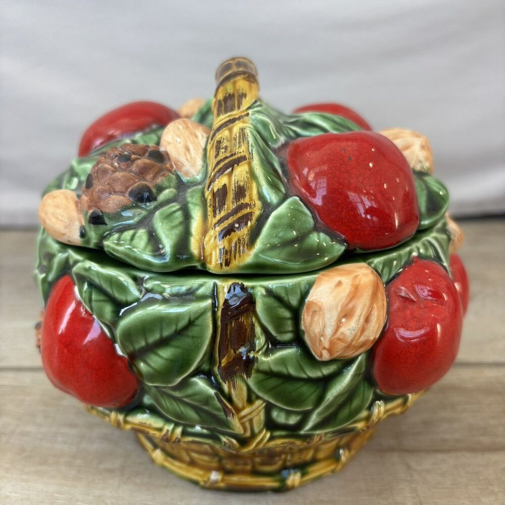 Vintage Inarco Japan Ceramic Fruit Nut Pinecones Leaves Basket Farmhouse Decor - Picture 3 of 11